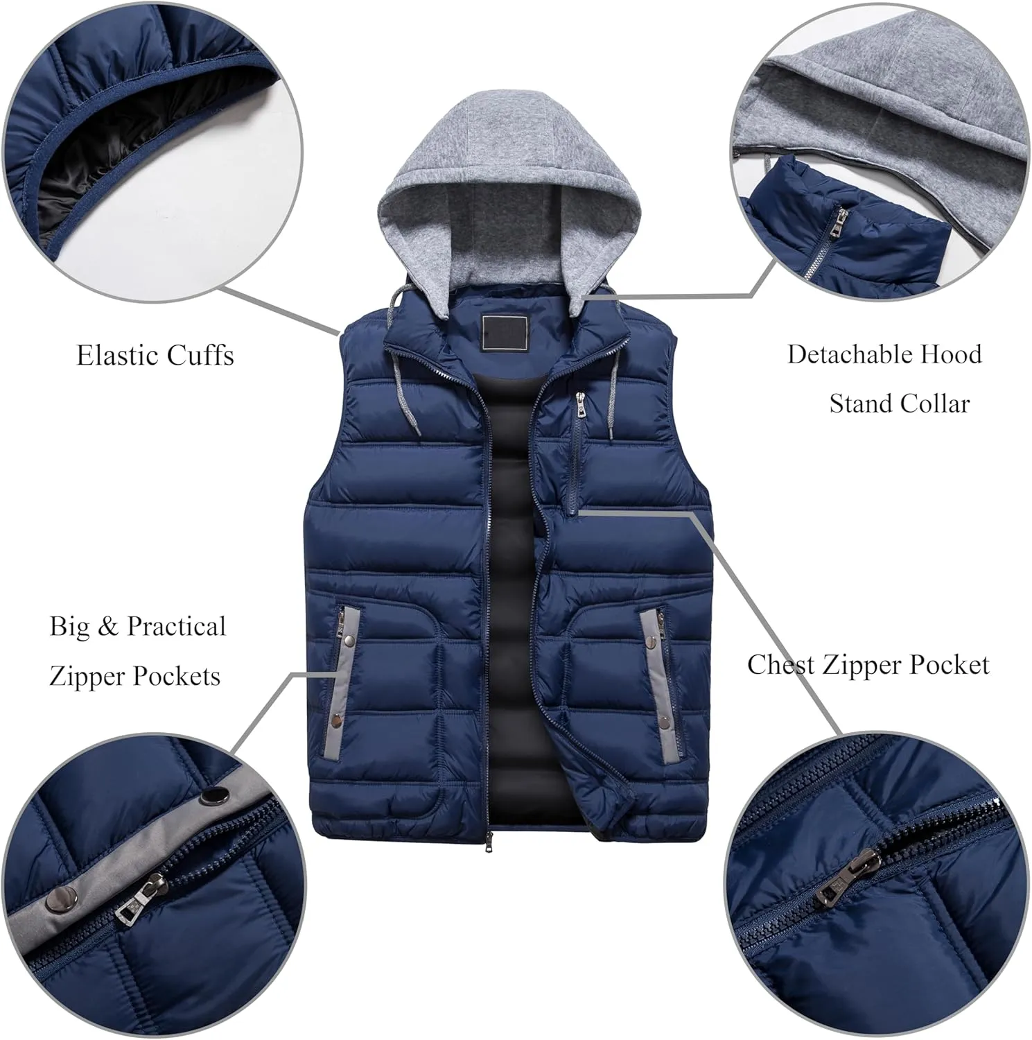 VtuAOL Men's Puffer Vest Outdoor Hooded Padded Vest Softshell Outerwear Vest for Travel Hiking