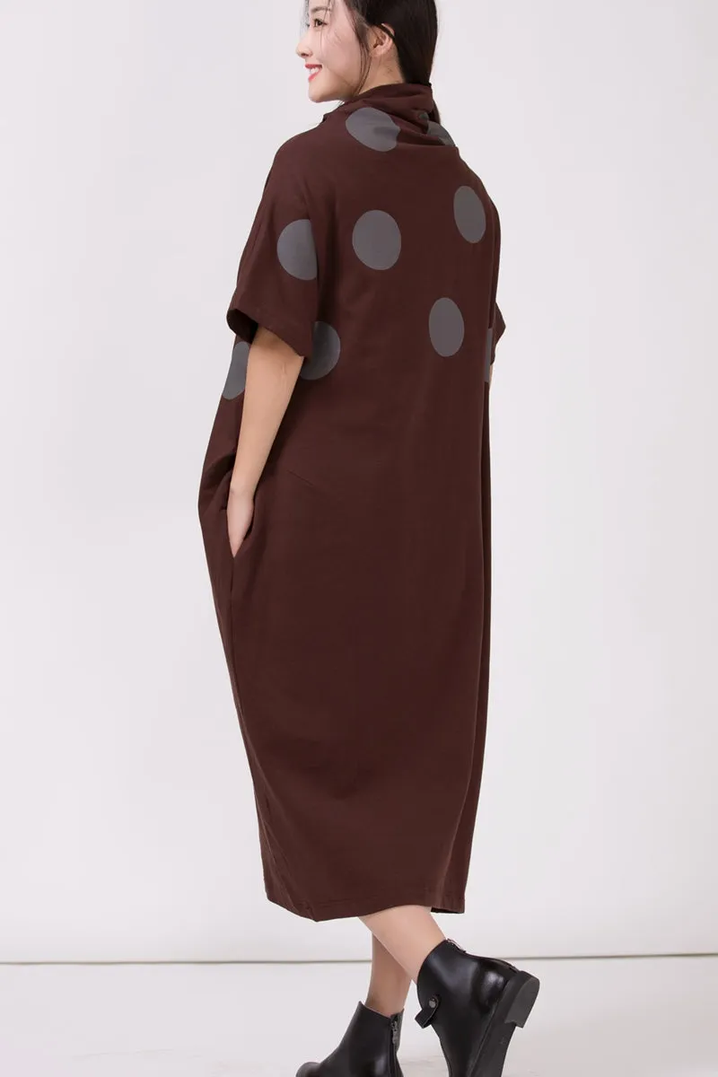 Women Turtleneck Polka Dots Casual Loose Dress