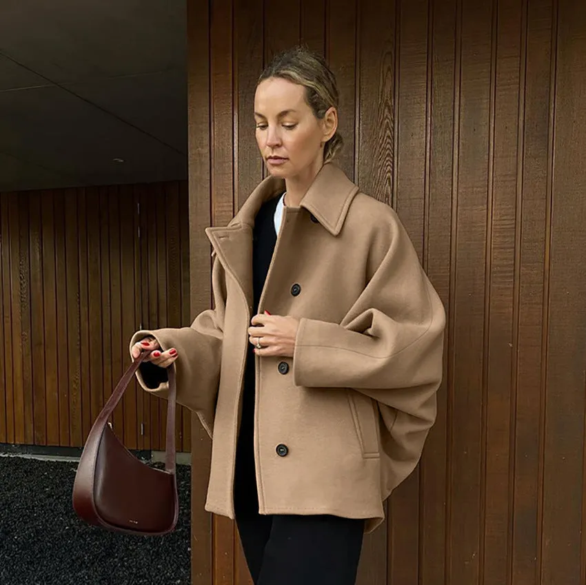 Women's Fashionable Brown Wool Blend Batwing Sleeve Coat with Lapel Collar