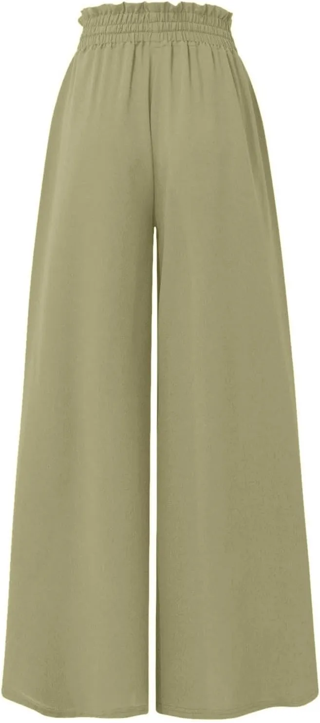 Womens Palazzo Pants Elastic Waist High Waisted Culottes Pants Loose Fit Elegant Flowy Vacation Pants with Pockets