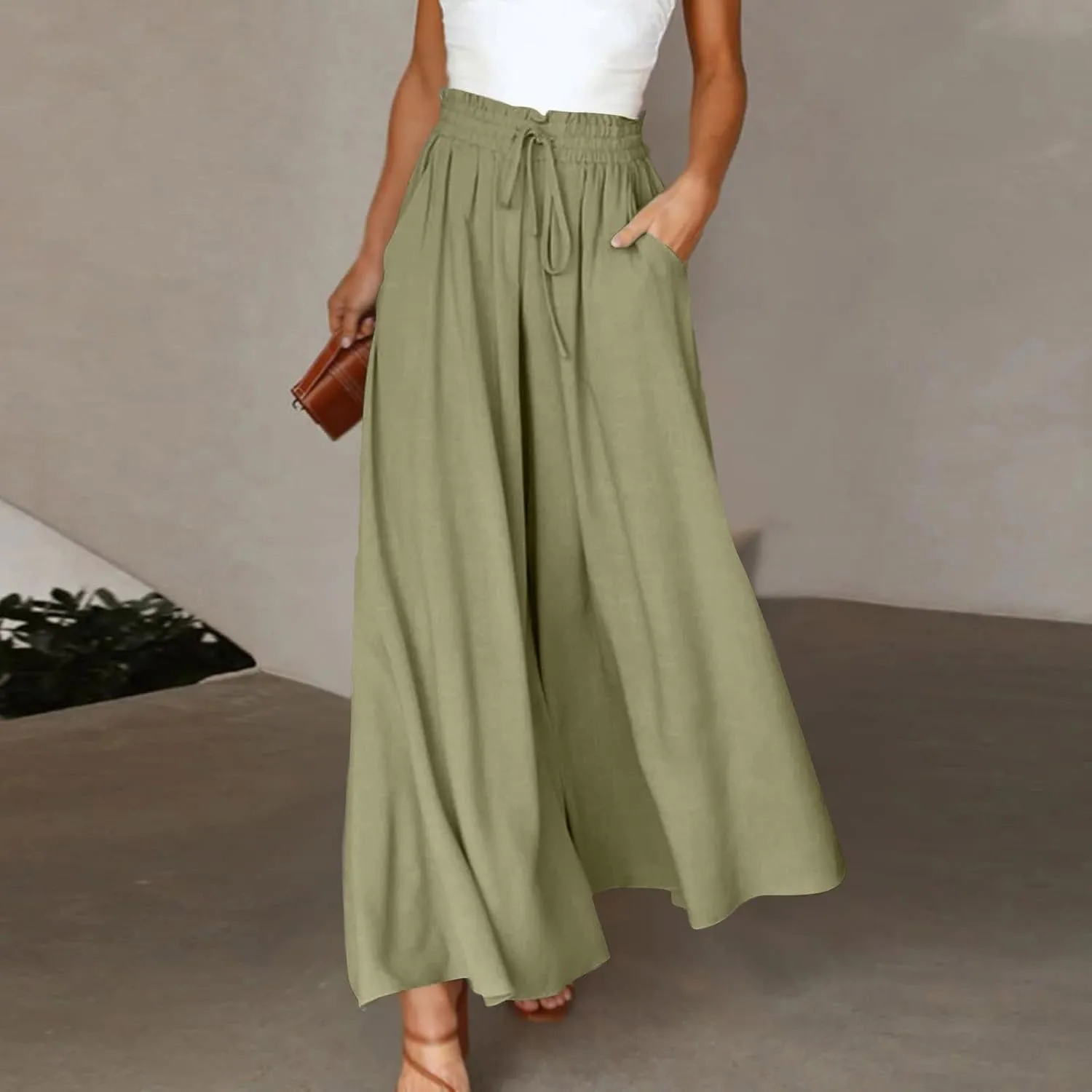 Womens Palazzo Pants Elastic Waist High Waisted Culottes Pants Loose Fit Elegant Flowy Vacation Pants with Pockets
