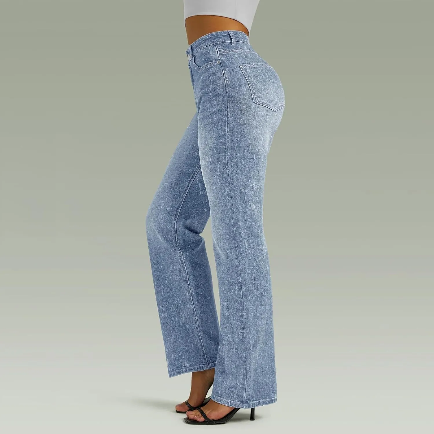 Womens Straight Leg Jeans High Waisted Trendy Welt Stretchy Baggy Loose Denim Pants with Pockets