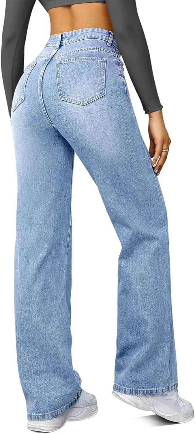 Womens Straight Leg Jeans High Waisted Trendy Welt Stretchy Baggy Loose Denim Pants with Pockets