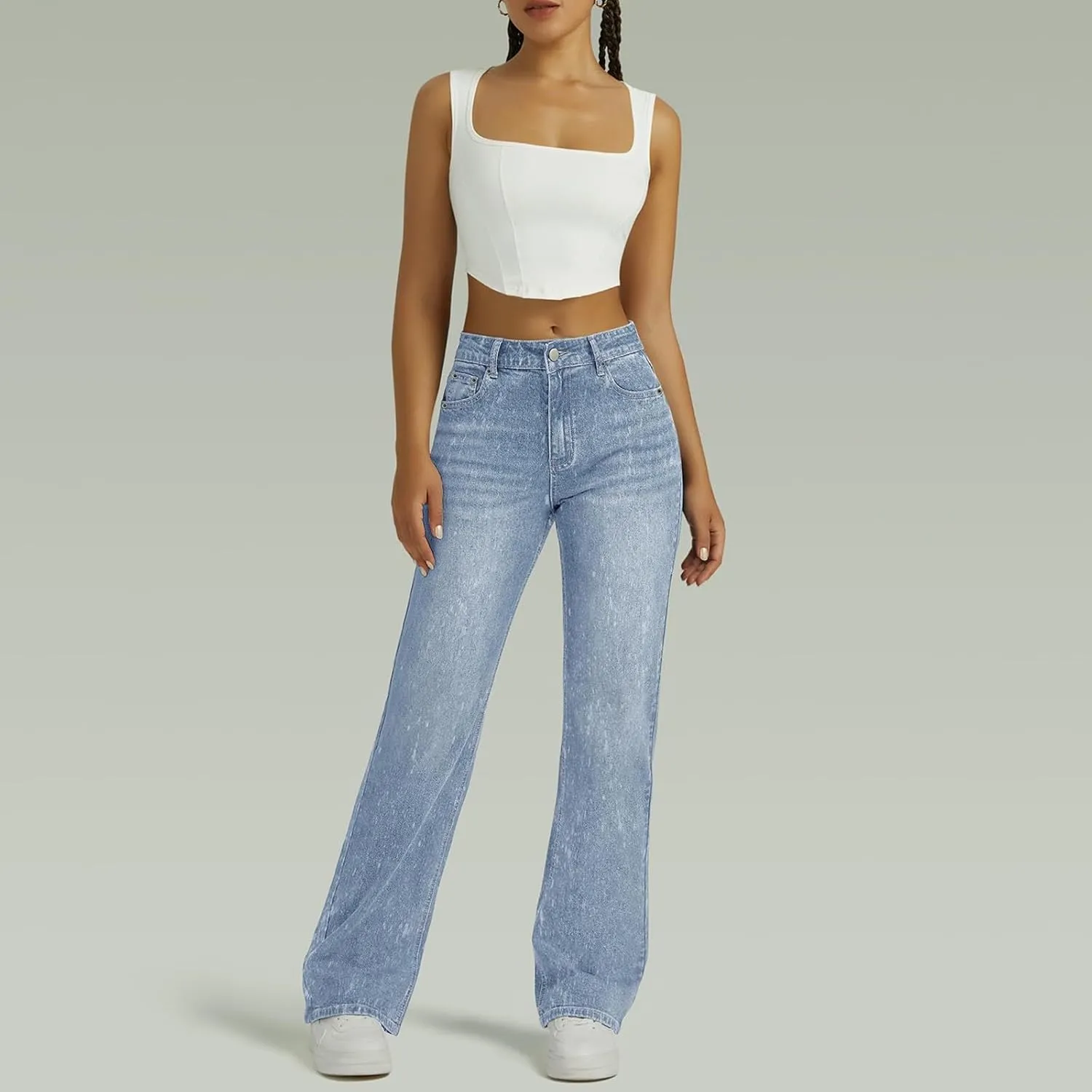 Womens Straight Leg Jeans High Waisted Trendy Welt Stretchy Baggy Loose Denim Pants with Pockets