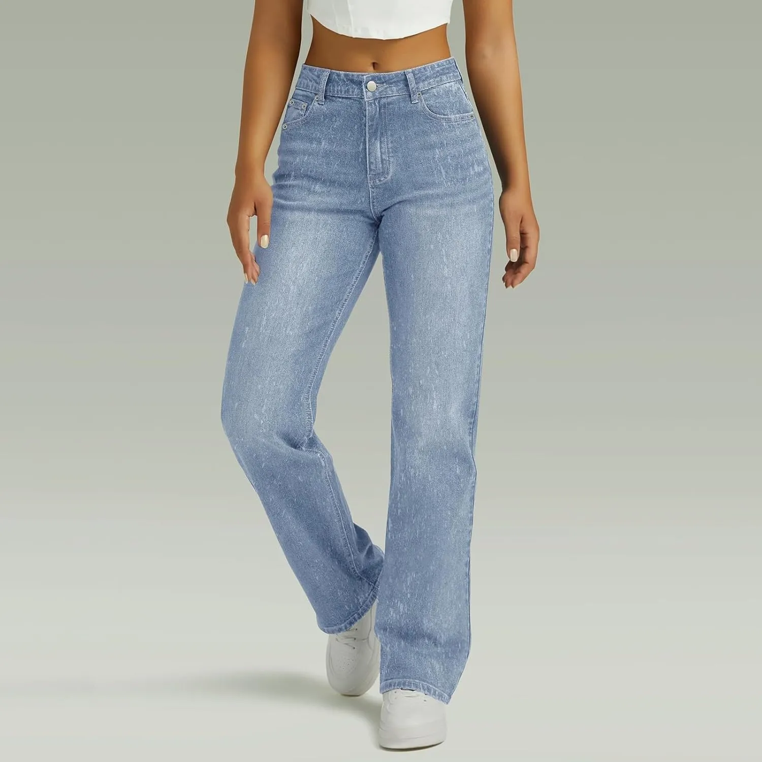 Womens Straight Leg Jeans High Waisted Trendy Welt Stretchy Baggy Loose Denim Pants with Pockets