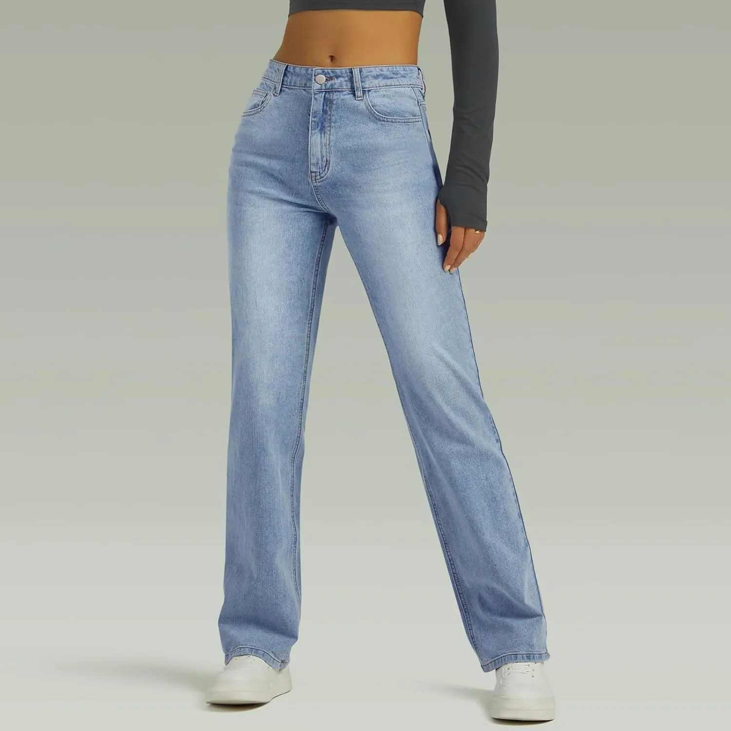 Womens Straight Leg Jeans High Waisted Trendy Welt Stretchy Baggy Loose Denim Pants with Pockets